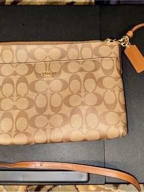 Coach Tan Signature Canvas Crossbody Wristlet with Leather Strap